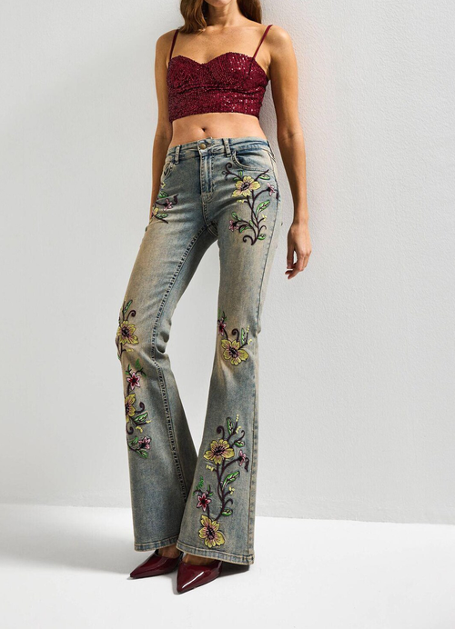 High Waist Floral Embroidered Vintage Washed Flare Denim Jeans